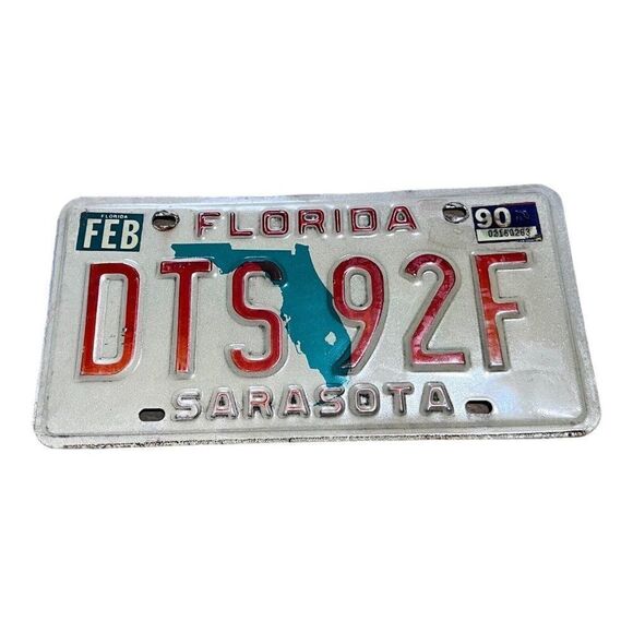 Vintage 1990 Florida Sarasota County License Plate Original Tag DTS 92F Man Cave - Picture 1 of 3